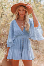 Lace Bell Sleeve Deep V-Neck Button Front Ruffle Hem Mini Dress