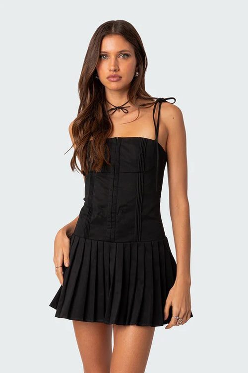 Corset Bodice Tie Strap Knife Pleat Mini Dress
