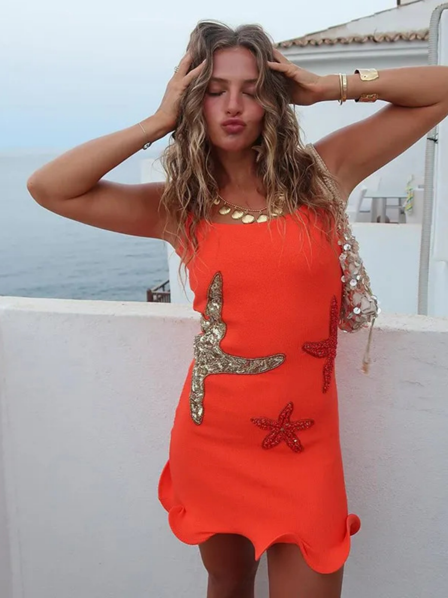 Starfish-themed Knitted Sleeveless Sexy Ruffled Vest Short Dress