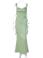 Satin Ruffled Ribbons Backless Maxi Dresses