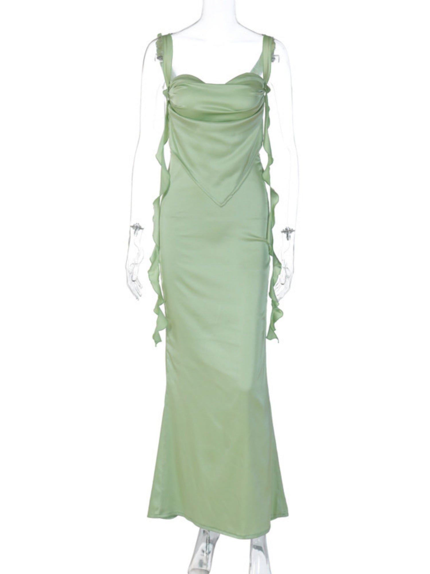 Satin Ruffled Ribbons Backless Maxi Dresses