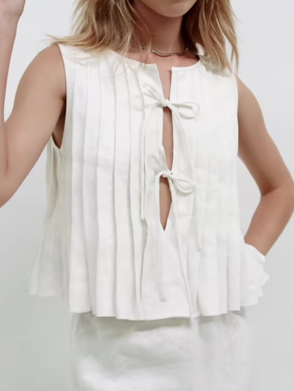 Cotton And Linen Straps Pleated Tank Tops