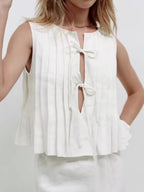 Cotton And Linen Straps Pleated Tank Tops
