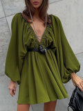Deep V Neck Lantern Sleeve Pleated Waist Belted Mini Dress