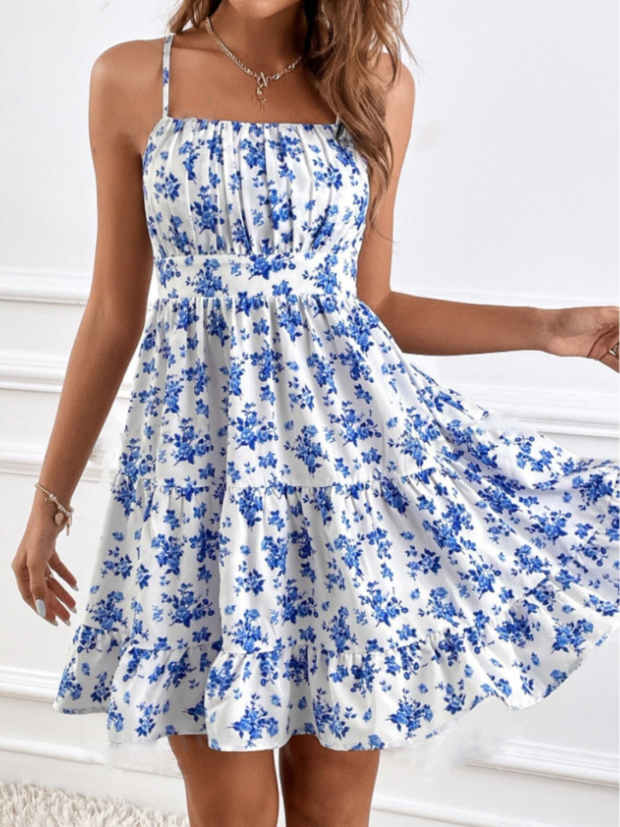Floral Ruffled Halter Top, Sleeveless, Fitted Waist Mini&Short Dresses