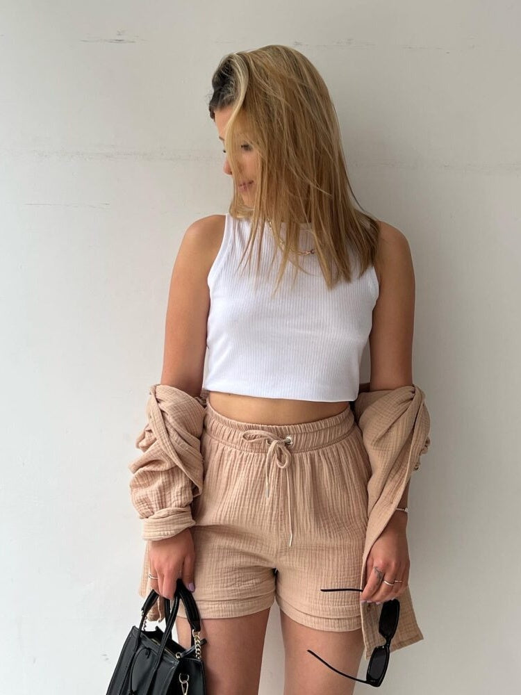 Long-sleeved Shirt And High-waisted Drawstring Shorts Casual Two-piece Set