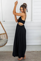 Square Neck Spaghetti Strap Waist Cut Out Gathered Bodice Maxi Dress