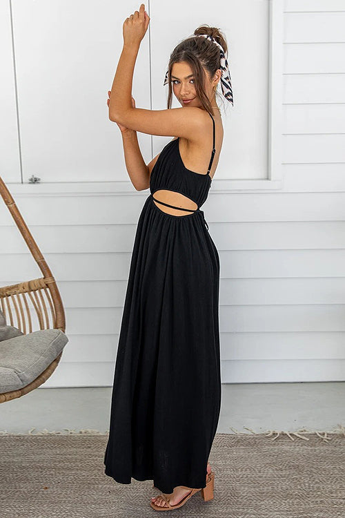 Square Neck Spaghetti Strap Waist Cut Out Gathered Bodice Maxi Dress