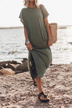 Crew Neck Short Sleeve Relaxed Side Slit Maxi T-Shirt Dress