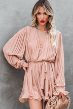 Pleated Deep V-Neck Button Front Tie Waist Lantern Sleeve Mini Dress