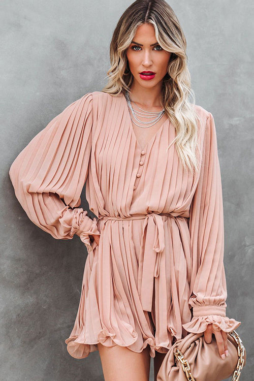 Pleated Deep V-Neck Button Front Tie Waist Lantern Sleeve Mini Dress