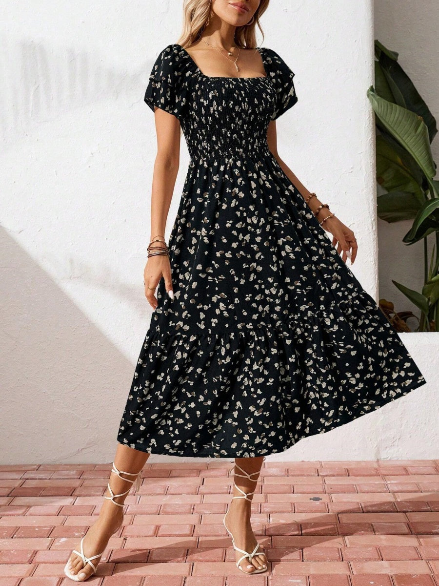 Floral Short Sleeve Square Collar Ruffle Vacation And Leisure Maxi Dresses