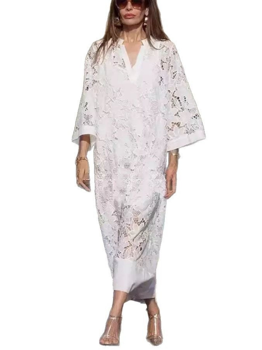 Applique 3D V-neck Straight-fit Long Sleeve Grace Maxi Dresses