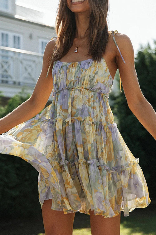 Floral Print Tie Shoulder Square Neck Tiered Ruffle Mini Dress