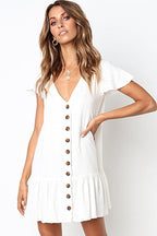 Linen Look V-Neck Button Front Flutter Sleeve Ruffle Hem Mini Dress