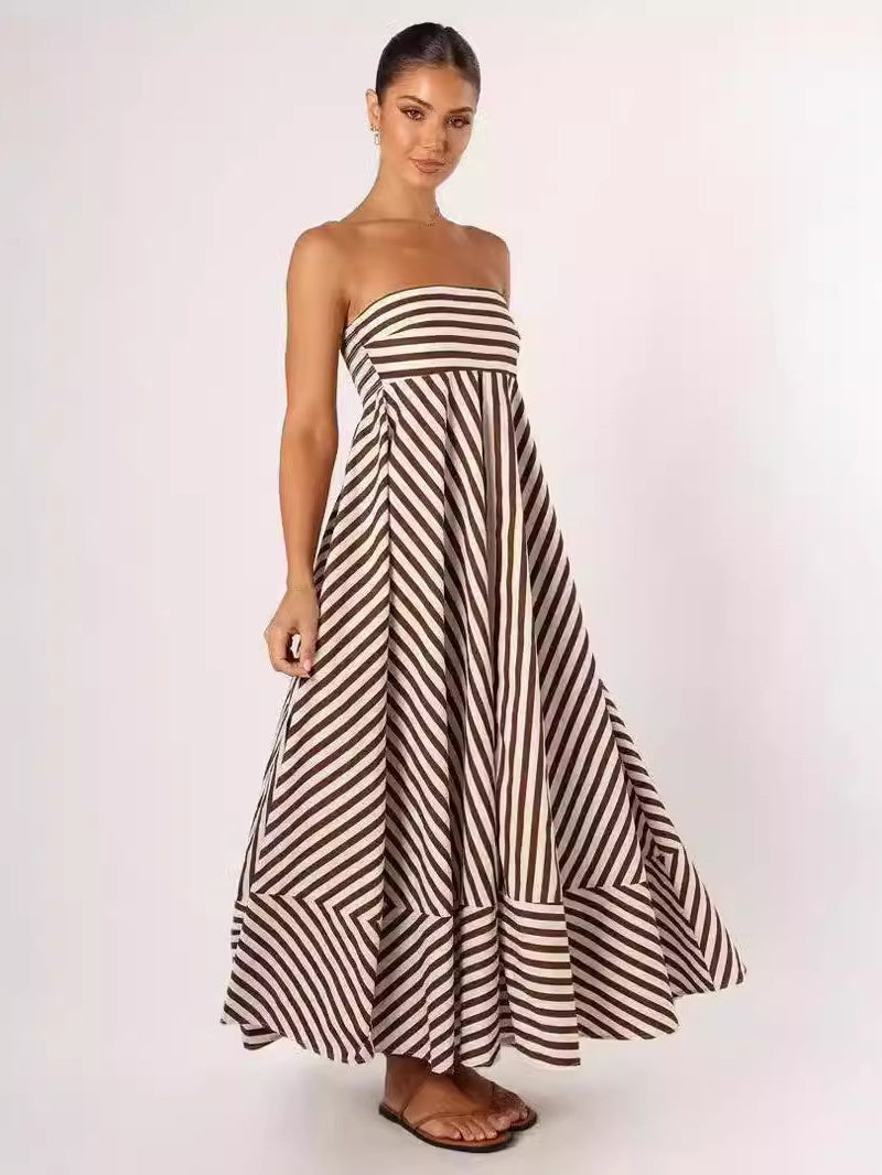 Striped Backless Halter Top Sexy Full Skirt High-waisted Long Dress