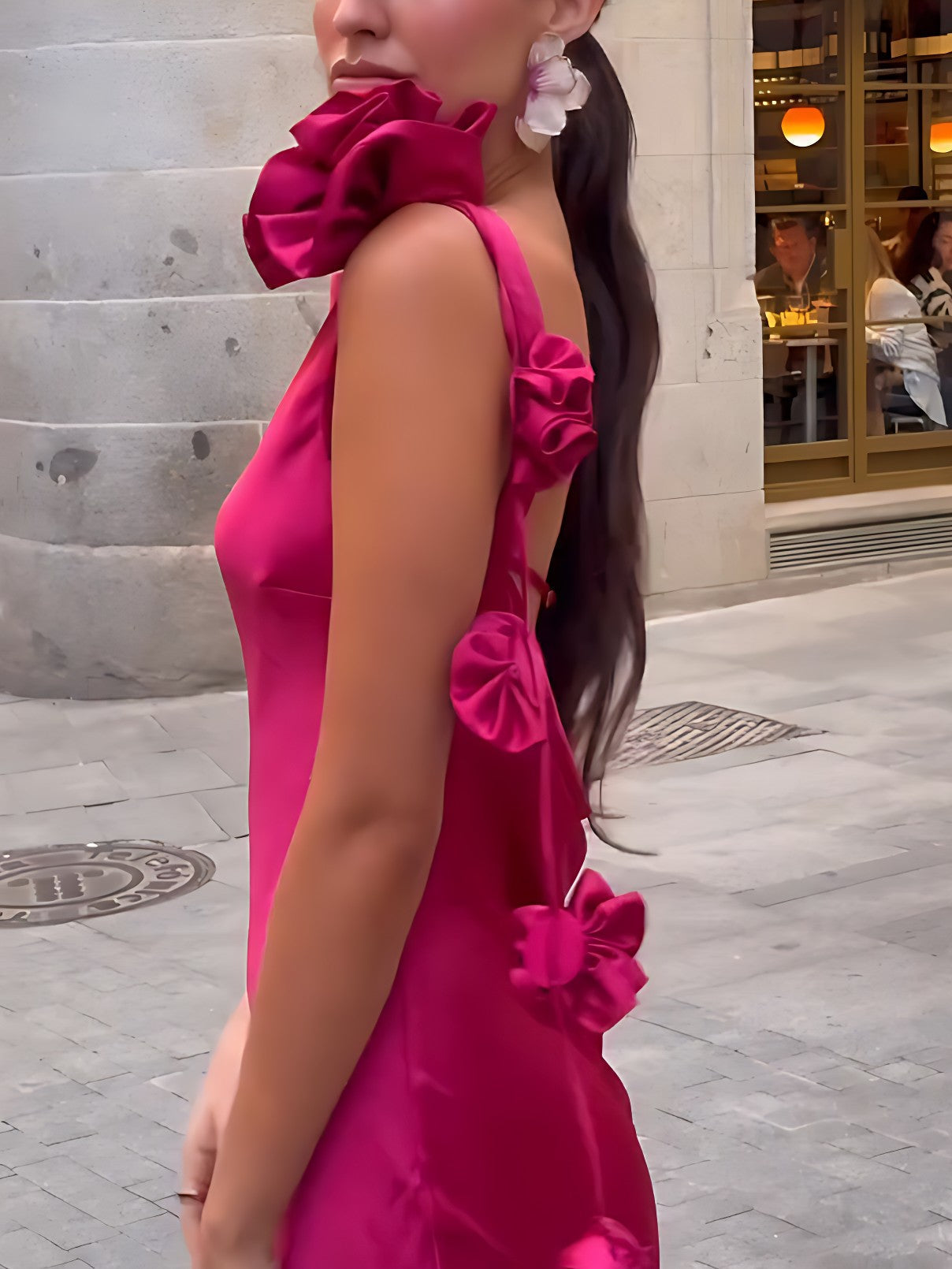 Boat Neck Sleeveless Satin Rosette Shoulder Floral Drop Maxi Dress