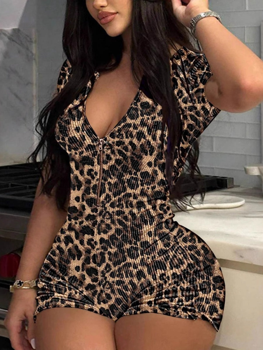 Leopard Print Short-sleeved V-neck Tight-fitting And Butt-lifting Jumpsuits