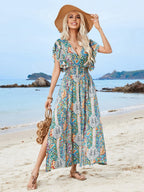 Rayon V-neck Backless Printed Ruffle Short Sleeve Slit Vacation And Leisure Maxi Dresses