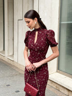 V-neck Temperament Floral Puff Sleeve Maxi Dresses