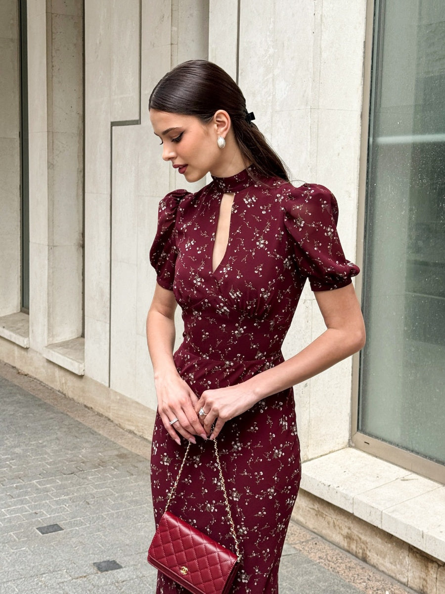 V-neck Temperament Floral Puff Sleeve Maxi Dresses