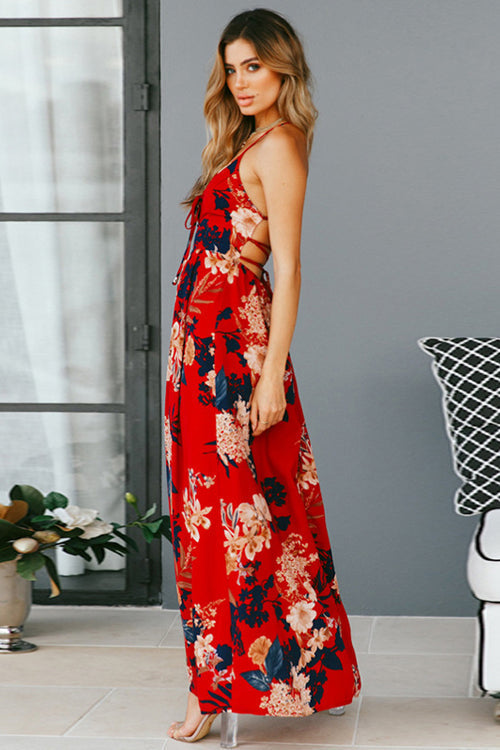Floral Print Spaghetti Strap Lace Up Cross Back High Split Maxi Dress