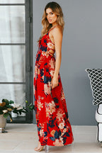 Floral Print Spaghetti Strap Lace Up Cross Back High Split Maxi Dress