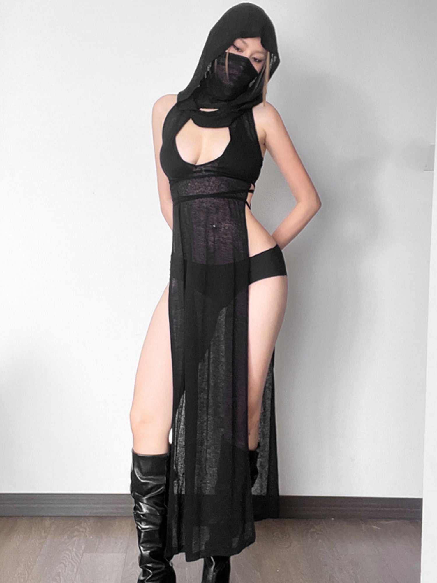 Mesh Splicing Hooded Sleeveless High Fork Maxi Dresses