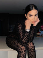 Leopard Print Flocked Sheer Slimming Effect Jumpsuits
