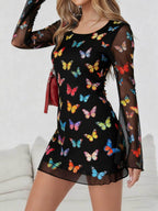 Leopard Print Round Neck Long Sleeve Mini&Short Dresses