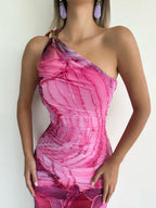 Printed Mesh Sloping Shoulders Maxi Dresses