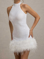 Liber Winter Women's Sequins Solid Color Feather stitching Mini&Short Dresses