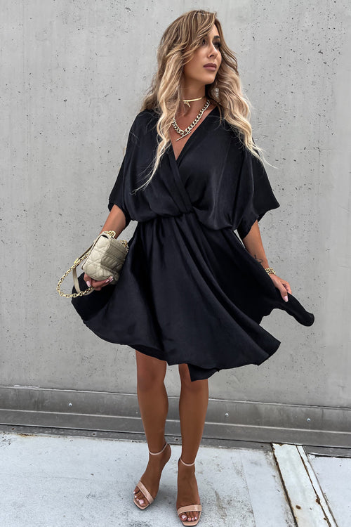 Satin Wrap Front Twist Waist Flutter Sleeve Ruffle Hem Mini Dress