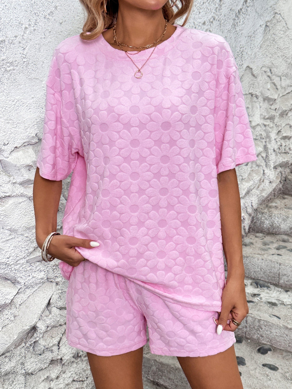 Sunflower Jacquard Short-sleeved T-shirt Strappy Shorts 2-piece Sets
