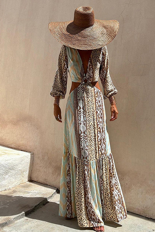Patchwork Ikat Print V-Neck Wrap Tiered Ruffle Mini Dress