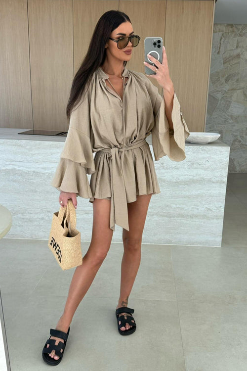Textured Bell Sleeve Tie Waist Deep V-Neck Romper