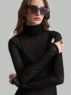 Headband Perspective Turtleneck Slim Fit Party And Nightclub Outfits With Mesh/see-through Tops