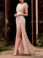 Pink Feather Sequins Maxi Dresses