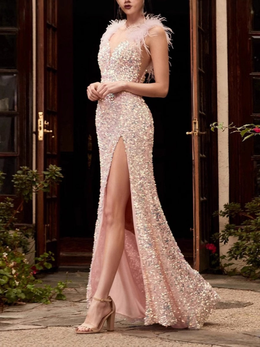 Pink Feather Sequins Maxi Dresses