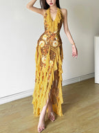 Printed Ruffle Deep V-neck Backless Maxi Dresses