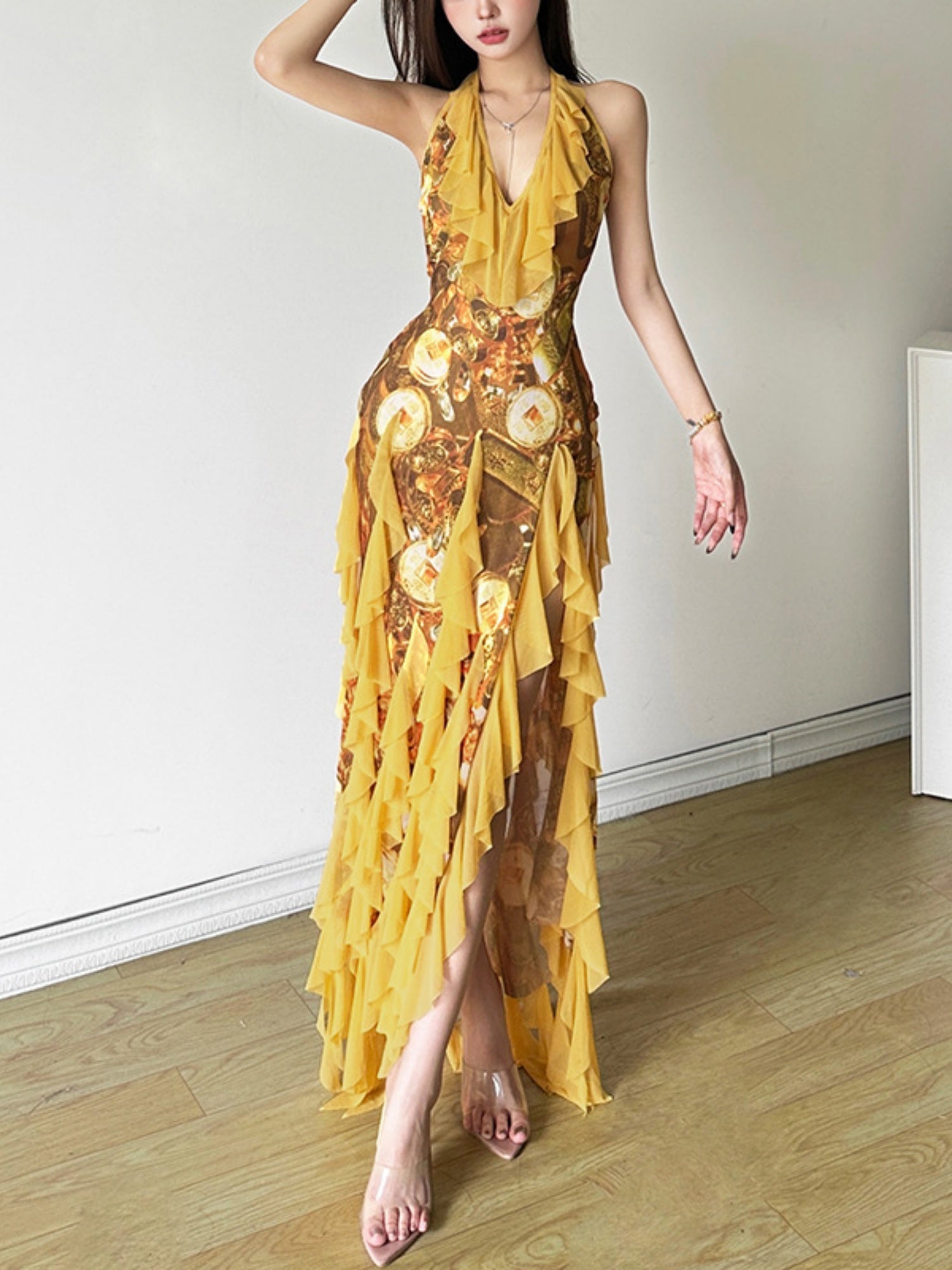 Printed Ruffle Deep V-neck Backless Maxi Dresses