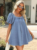 Denim Lace Up Square Neckline And Puff Sleeves Mini&Short Dresses