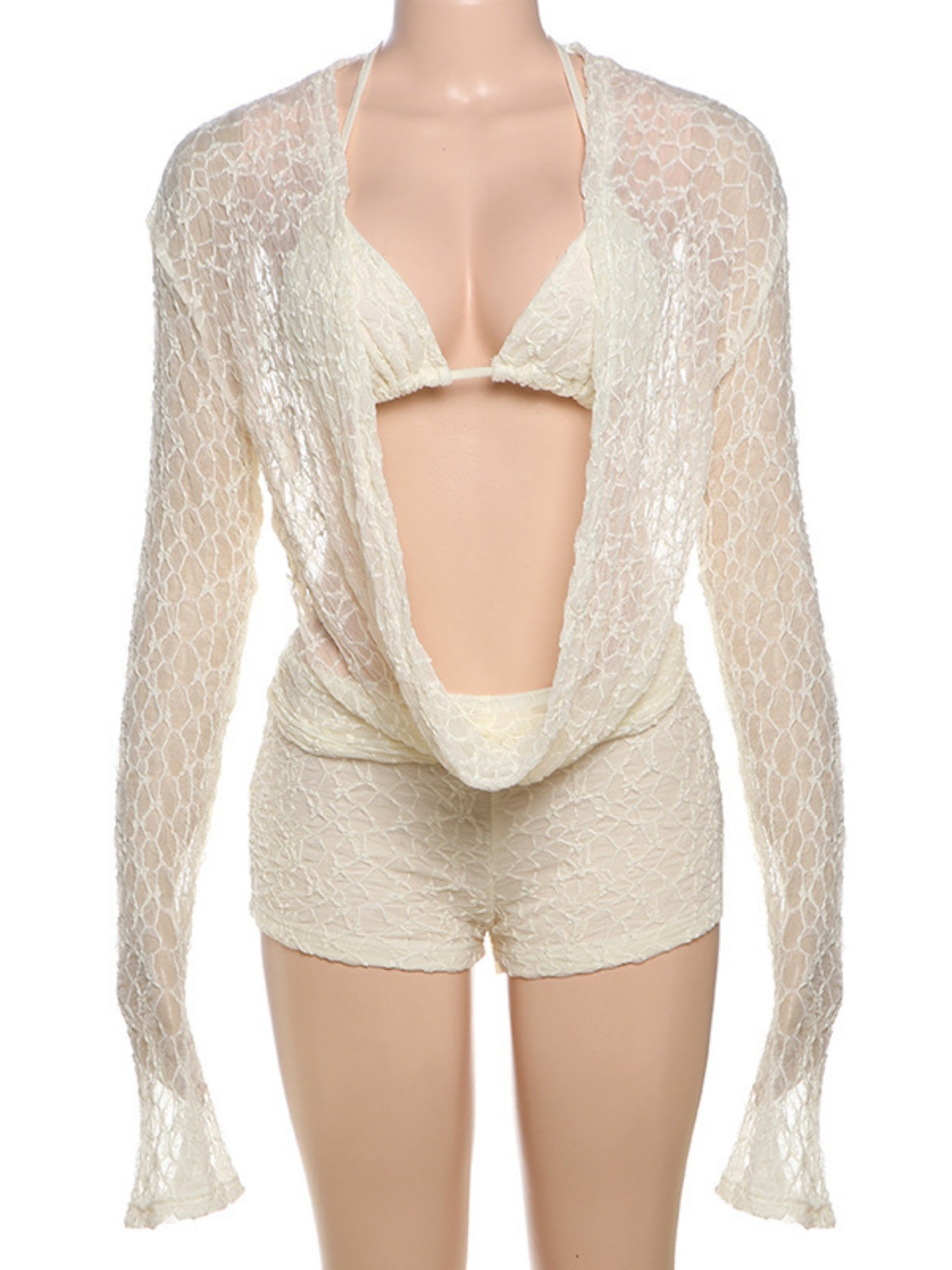 Lace Cutout Long-sleeved Cover-up Halter Neck Strap Slim-fit Shorts 3-piece Sets