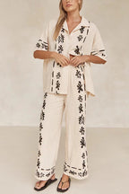 Cotton Linen Short Sleeves Button Down Shirt Elastic Waist Wide Leg Pants Printed Set