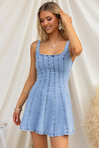 Paneled Denim Square Neck Sleeveless Fit and Flare Mini Dress