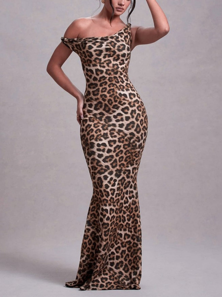 Milk Silk Leopard Print Printed Slim-fit Hip-hugging Maxi Dresses