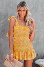 Floral Print Smocked Tie Shoulder Ruffle Hem Mini Dress