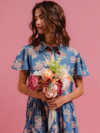 Denim Floral Print Collared Short-sleeved Shirt Buttons Shirt Dress