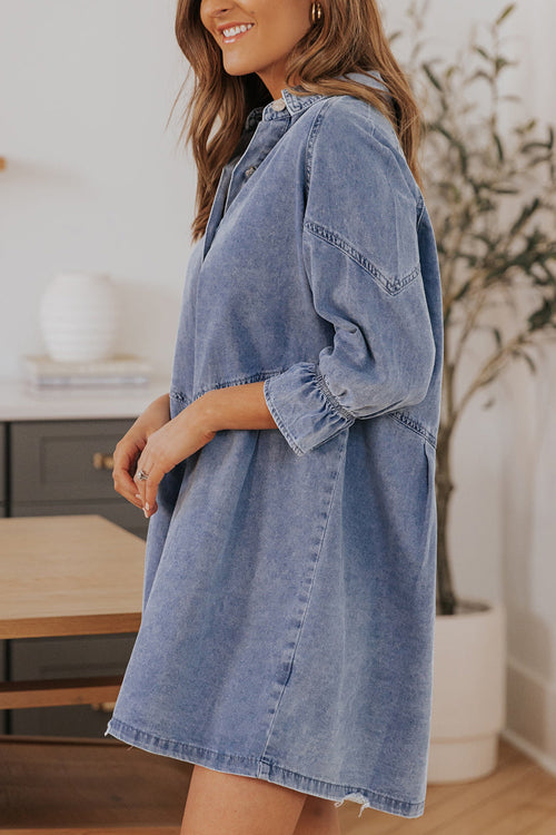 Denim Button Front Chevron Yoke Ruffle Cuff Shirt Mini Dress