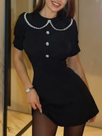 Color-blocked Detachable Peter Pan Collar Buttons Short Sleeves Mini&Short Dresses